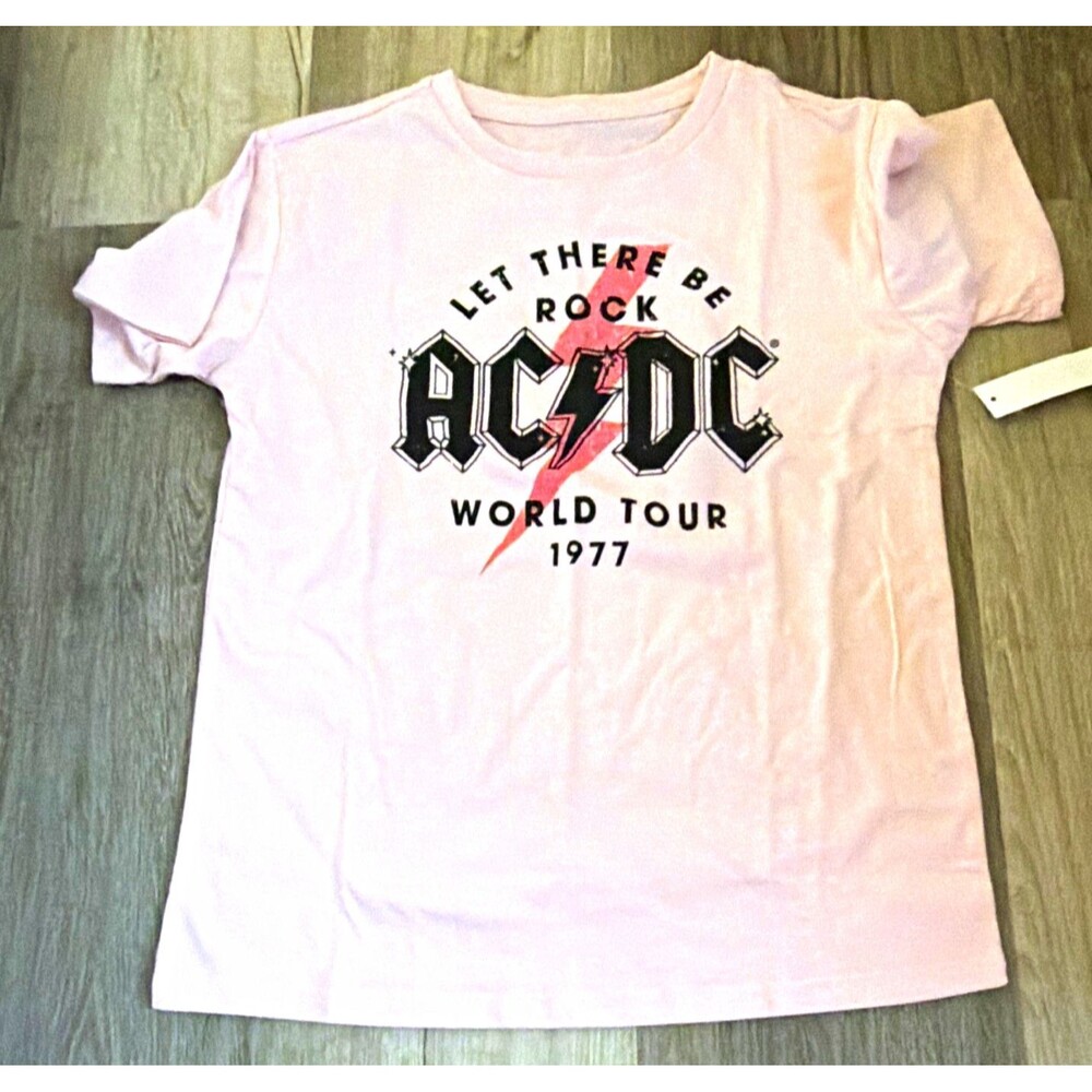 Girl’s AC/DC Let There Be Rock World Tour 1977 Pink Graphic Tee Size 7/8 NWT A21